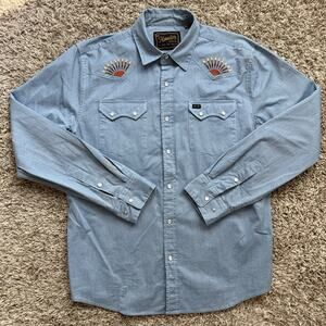 Howler Brothers CrossCut Rising Sun Chambray Blue Gaucho Shirt Pearl Snap Size S